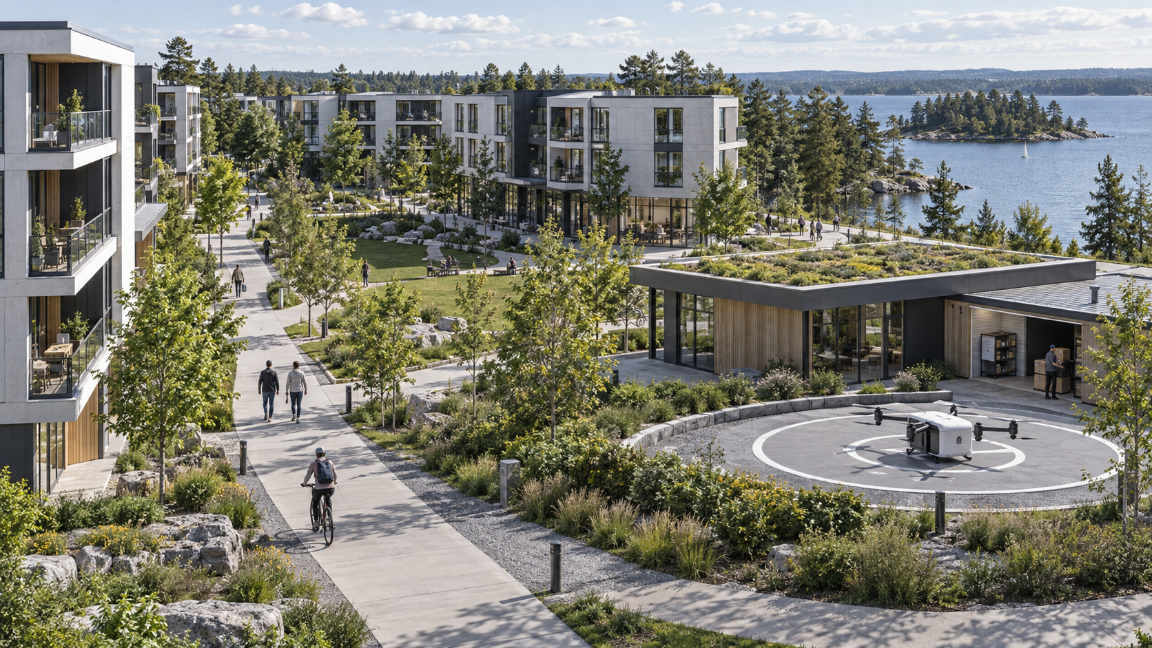Lakeside neighbourhood concept with low-rise homes and shared green spaces